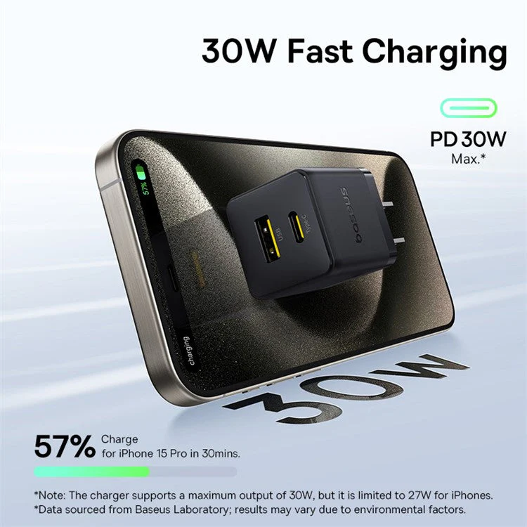 BASEUS Palm Fast Charger 30W Type-C+USB Dual Port US Plug Wall Charging Adapter with 60W Type-C Cable - Black - Image 4