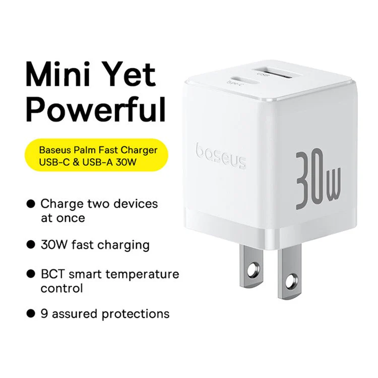 BASEUS Palm Fast Charger 30W Type-C+USB Dual Port US Plug Wall Charging Adapter with 60W Type-C Cable - White - Image 2