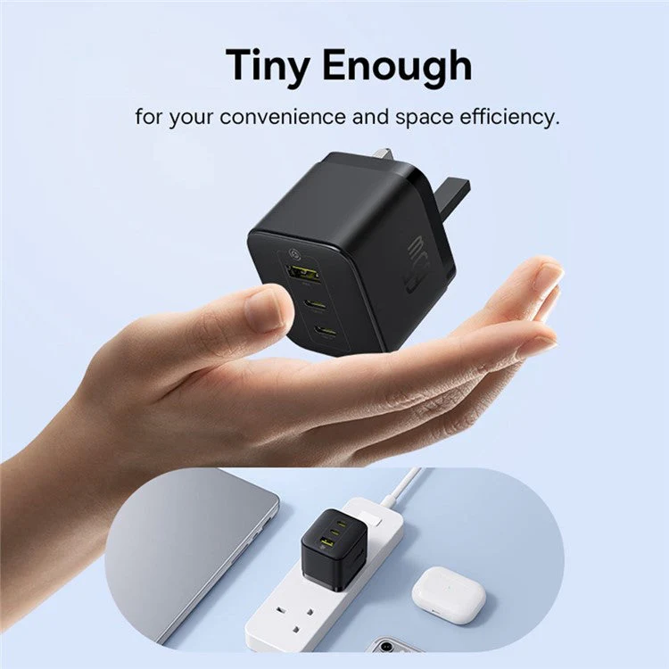 BASEUS Palm Fast Charger Portable 2 Type-C+USB-A 65W GaN Power Adapter, UK Plug - Black - Image 6