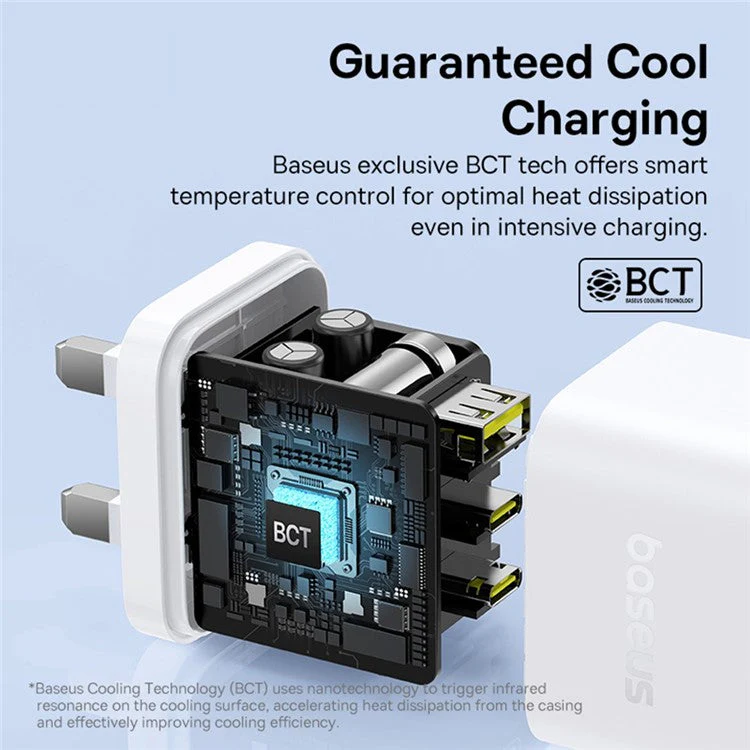 BASEUS Palm Fast Charger Portable 2 Type-C+USB-A 65W GaN Power Adapter, UK Plug - White - Image 7