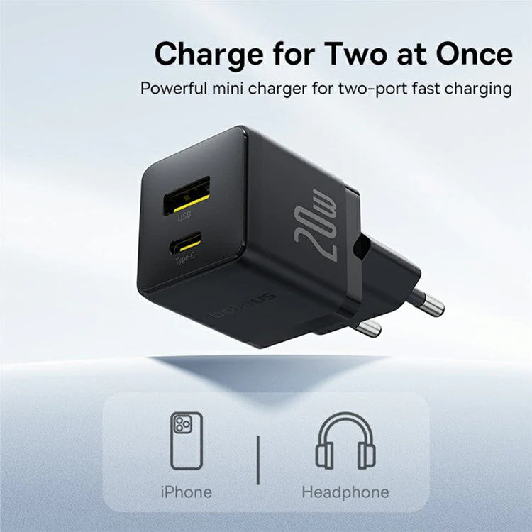 BASEUS Palm USB+Type-C Dual Port 20W Fast Charger EU Plug Wall Charging Adapter - Black - Image 3