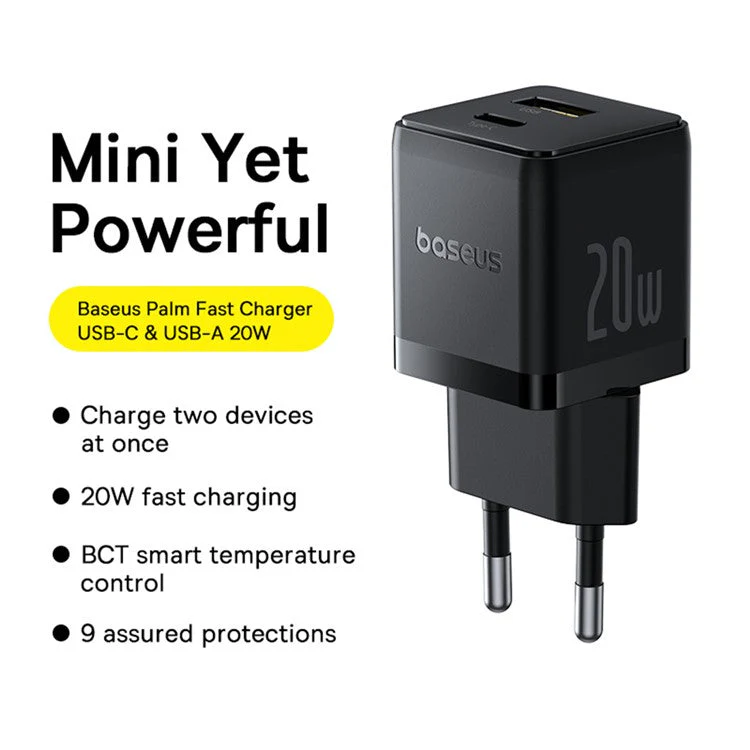 BASEUS Palm USB+Type-C Dual Port 20W Fast Charger EU Plug Wall Charging Adapter with 60W Type-C Cable - Black - Image 2