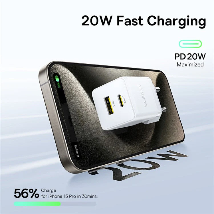 BASEUS Palm USB+Type-C Dual Port 20W Fast Charger EU Plug Wall Charging Adapter with 60W Type-C Cable - White - Image 4