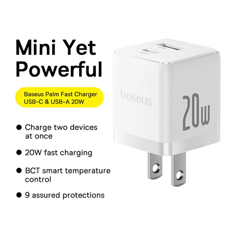 BASEUS Palm USB+Type-C Dual Port 20W Fast Charger US Plug Wall Charging Adapter with 60W Type-C Cable - White - Image 2