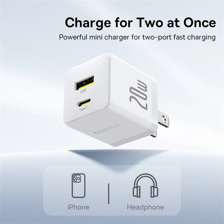 BASEUS Palm USB+Type-C Dual Port 20W Fast Charger US Plug Wall Charging Adapter with 60W Type-C Cable - White - Image 3