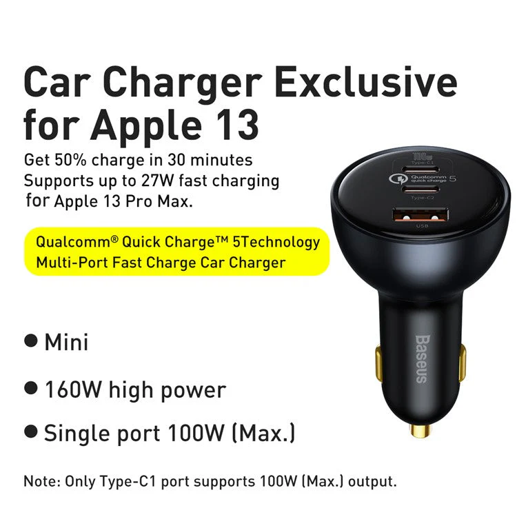BASEUS Qualcomm QC 5.0 Technology Multi-Port Fast Charge Car Charger Type-C+Type-C+USB 160W Power Adapter with Type-C Cable - Image 2