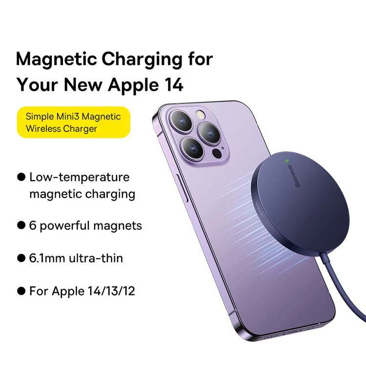 BASEUS Simple Mini3 Magnetic Wireless Charger Slim Lightweight 15W Charging Pad with 1.2m Charging Cable - Purple - Image 8