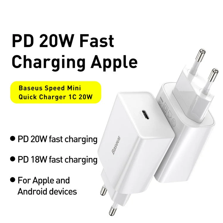 BASEUS Speed Mini Quick Charger 1C 20W EU Plug Charging Adapter - White - Image 2