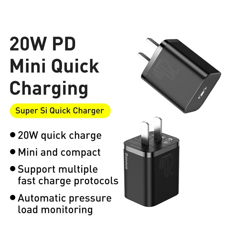 BASEUS Super Si Quick Charger 20W PD Wall Charger CN Standard Plug Portable Charger Adapter Block - Black - Image 6