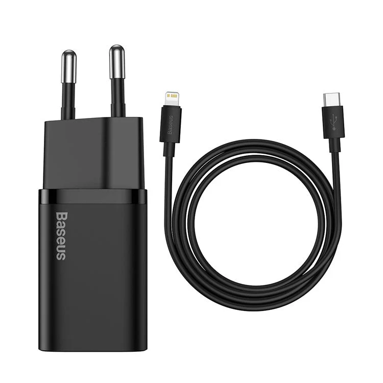 BASEUS Super Si Quick Charger Type-C 20W PD Fast Charging EU Plug Adapter (with 1m Type-C to iP Cable) - Black - Image 2
