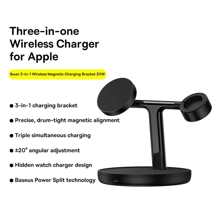BASEUS Swan 3-in-1 Wireless Magnetic Charging Bracket 20W Cordless Charger Fast Charging Station Support 20-degree Adjustable (Universal Version) - Black - Image 2