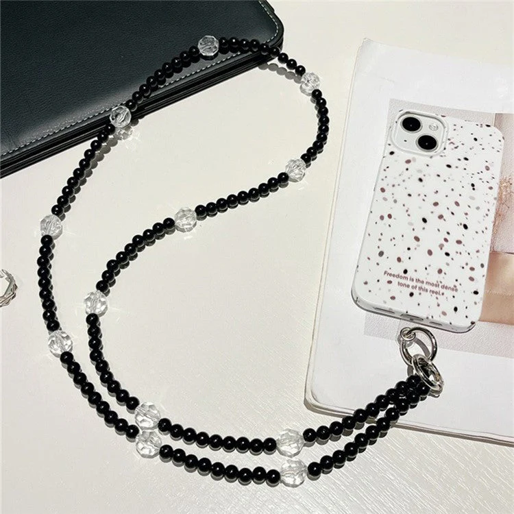 Beaded Phone Lanyard Crossbody 1.2m Anti-lost Phone Charm Chains with Tether Tab - Black Beads - Image 2