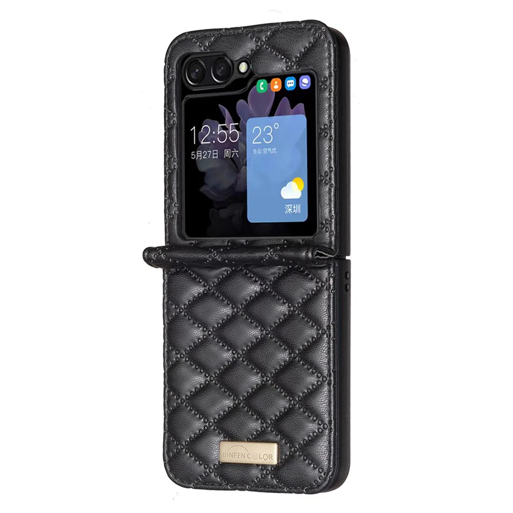 BINFEN COLOR For Samsung Galaxy Z Flip7 FE 5G / Z Flip6 5G / Z Flip5 5G Case Rhombus PU Leather Folding Phone Cover - Black - Image 3