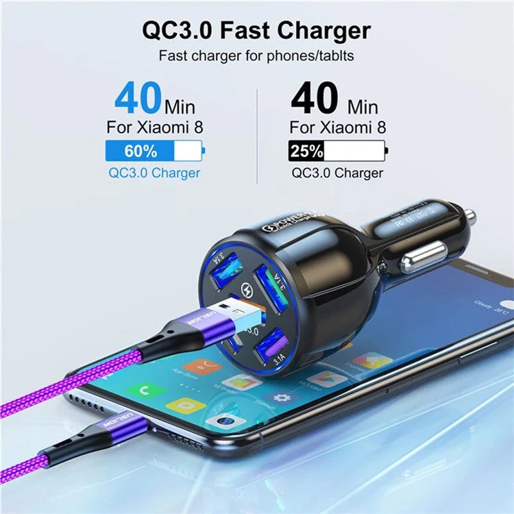 BK-359 Five Charging Ports Car Charger QC 3.0 USB Fast Car Charging Power Adapter - Black - Image 4