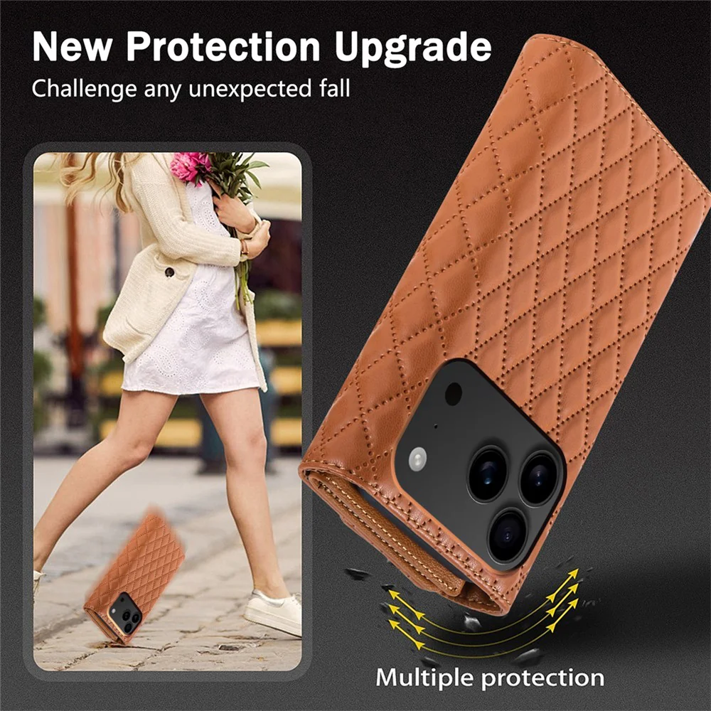 BKS-002 For iPhone 17 Pro Max Wallet Case PU Leather Stand Phone Cover with Shoulder Strap - Brown - Image 6