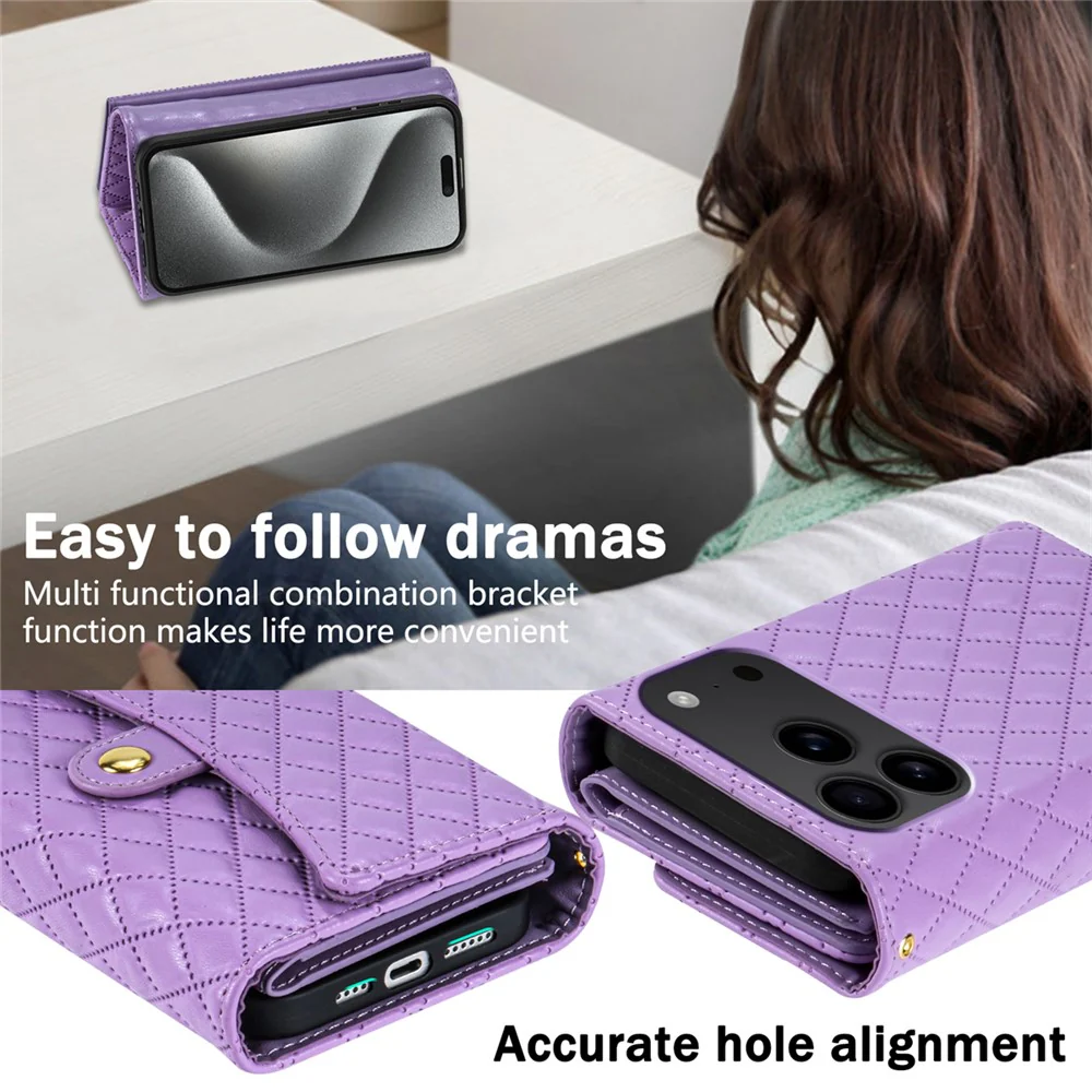 BKS-002 For iPhone 17 Pro Max Wallet Case PU Leather Stand Phone Cover with Shoulder Strap - Purple - Image 8