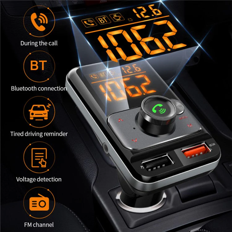 BT79DS Bluetooth 5.0 FM Transmitter 1.44 inch Display Phone Charging Adapter 18W QC3.0 USB Fast Charger Handsfree Car Kit with Fatigue Alarm - Image 8