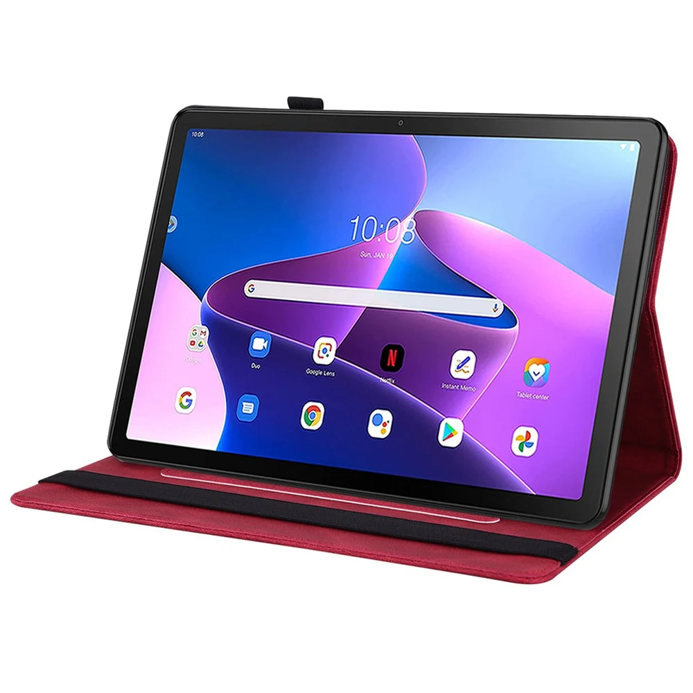 Butterfly Flower Imprinted Tablet Case for Lenovo Tab M10 (Gen 3), PU Leather Stand Card Holder Protective Cover - Red - Image 3