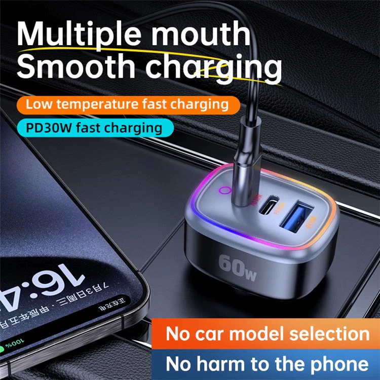 C08 60W USB + Dual USB-C Car Charger Cool Ambient Light Phone Fast Charging Power Adapter - Image 2