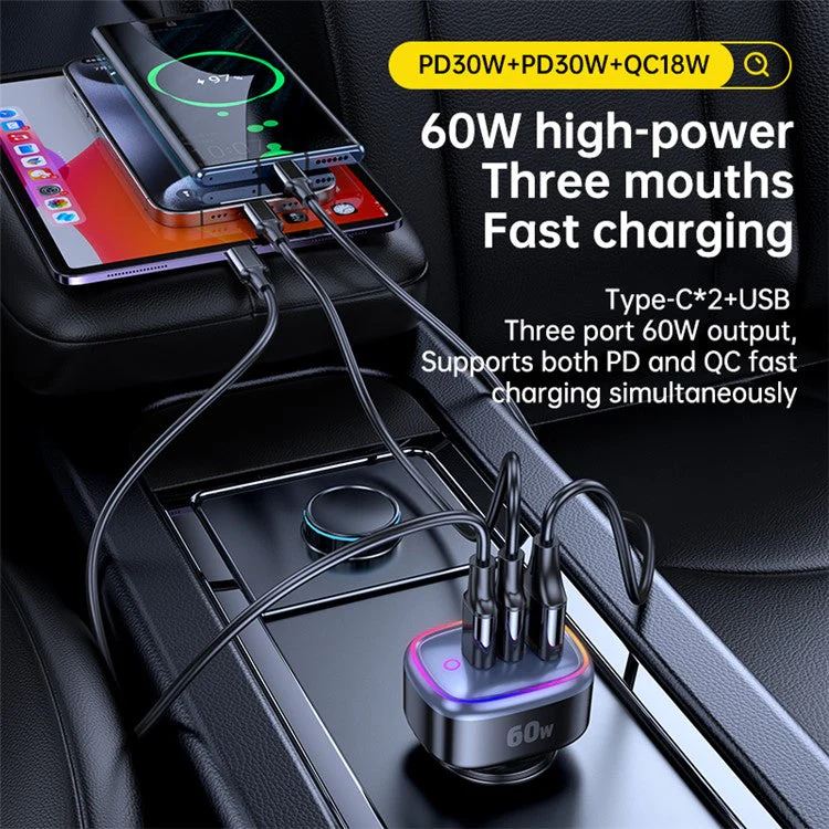 C08 60W USB + Dual USB-C Car Charger Cool Ambient Light Phone Fast Charging Power Adapter - Image 3