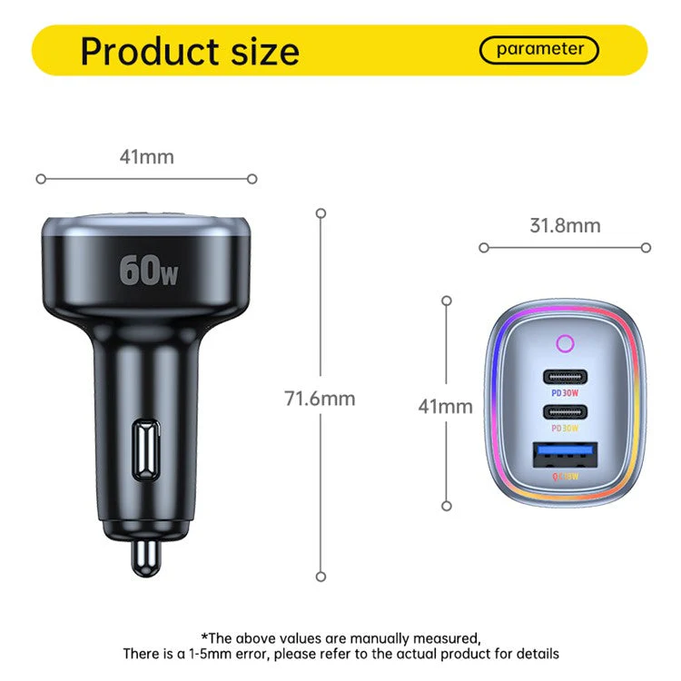 C08 60W USB + Dual USB-C Car Charger Cool Ambient Light Phone Fast Charging Power Adapter - Image 8