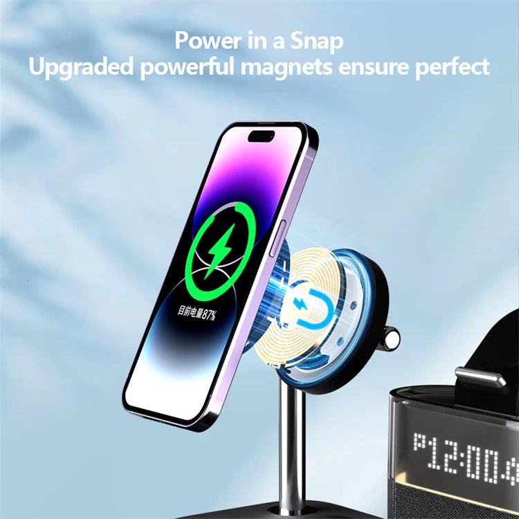 C09 Magnetic Wireless Charging Station for Phone / Airpods / Apple Watch with Alarm Clock Night Light - Black - Image 7