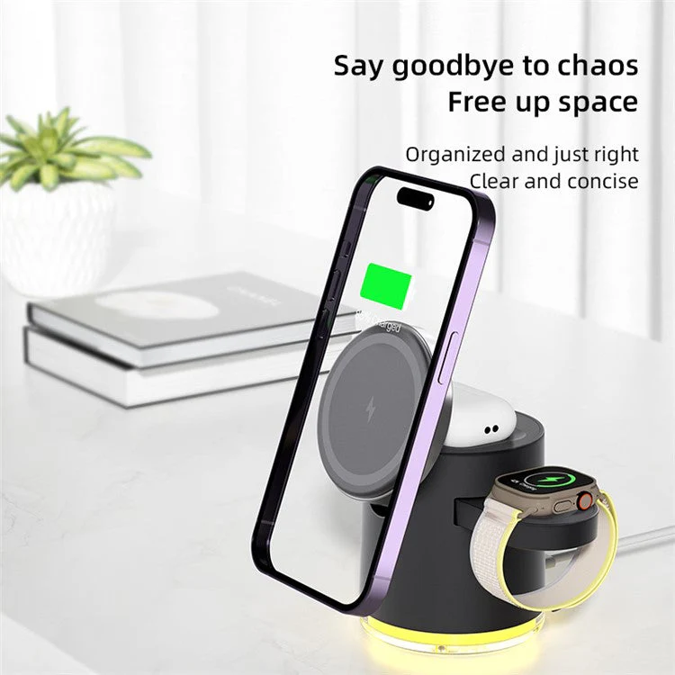 C16 For Samsung Apple Watch Airpods iPhone 15W Magnetic Wireless Charger Stand Holder with Night Light - Black - Image 4