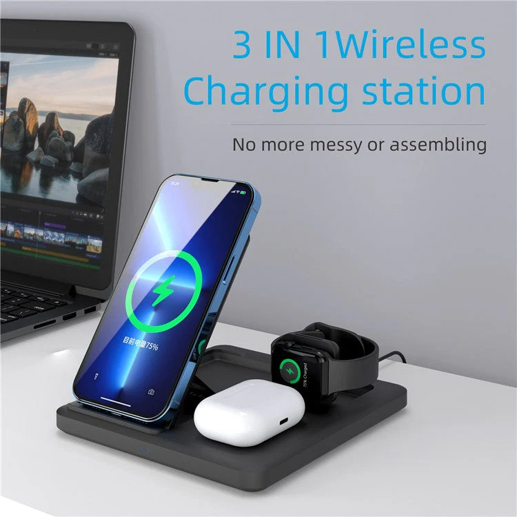 C18 15W Wireless Charging Stand for iPhone / Apple Watch / AirPods Pro 3-in-1 Adjustable Angle Folding Charger - Image 3