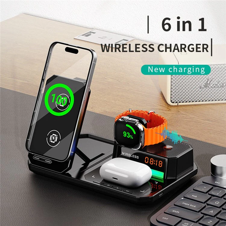 C18 6-in-1 Wireless Charger Digital Charging Station with Bluetooth Speaker RGB Light - Black - Image 2