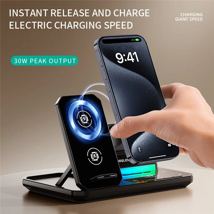 C18 6-in-1 Wireless Charger Digital Charging Station with Bluetooth Speaker RGB Light - Orange - Image 5