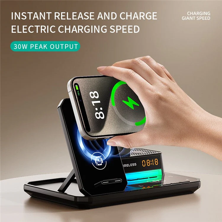 C18 6-in-1 Wireless Charger Digital Charging Station with Bluetooth Speaker RGB Light - Orange - Image 6