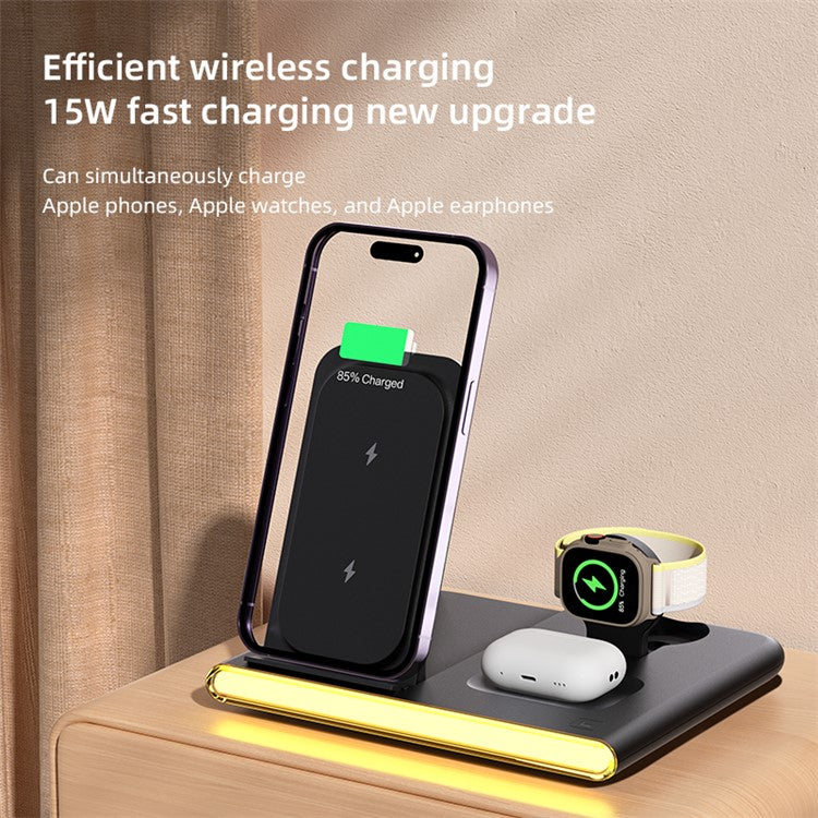 C27 3-in-1 Wireless Charger Station with Night Light for Apple / Samsung Smart Watch / Iphone / Airpods - Black - Image 4