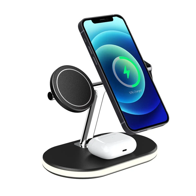C300 3 in 1 15W Fast Charging Desktop Station with LED Night Light Magnetic Wirless Charger for Qi-enabled Mobile Phone / AirPods / Apple Watch - Image 3
