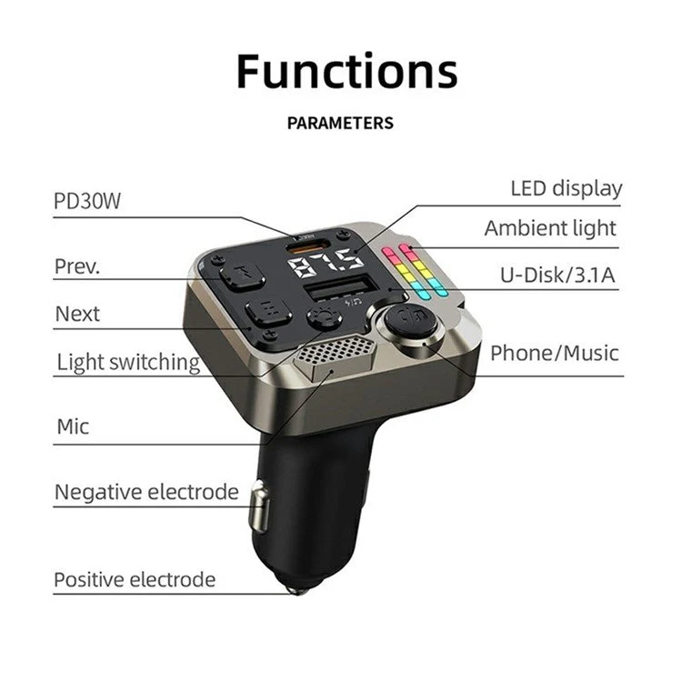 C68 Bluetooth FM Transmitter Car Adapter PD 30W Dual Port Car Charger Music Player Hands-Free Call - Image 8