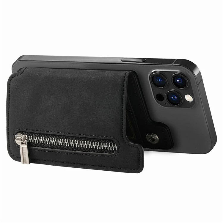 Card Holder Compatible with MagSafe Kickstand Leather Zipper Card Bag RFID Blocking - Black - Image 4