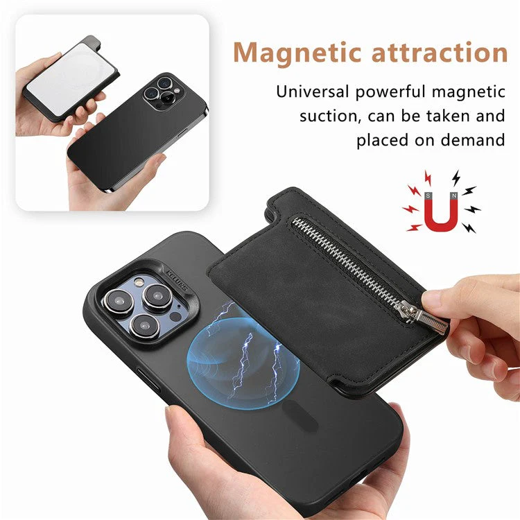 Card Holder Compatible with MagSafe Kickstand Leather Zipper Card Bag RFID Blocking - Black - Image 7