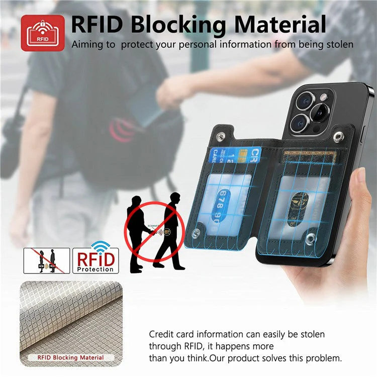 Card Holder Compatible with MagSafe Kickstand Leather Zipper Card Bag RFID Blocking - Black - Image 8
