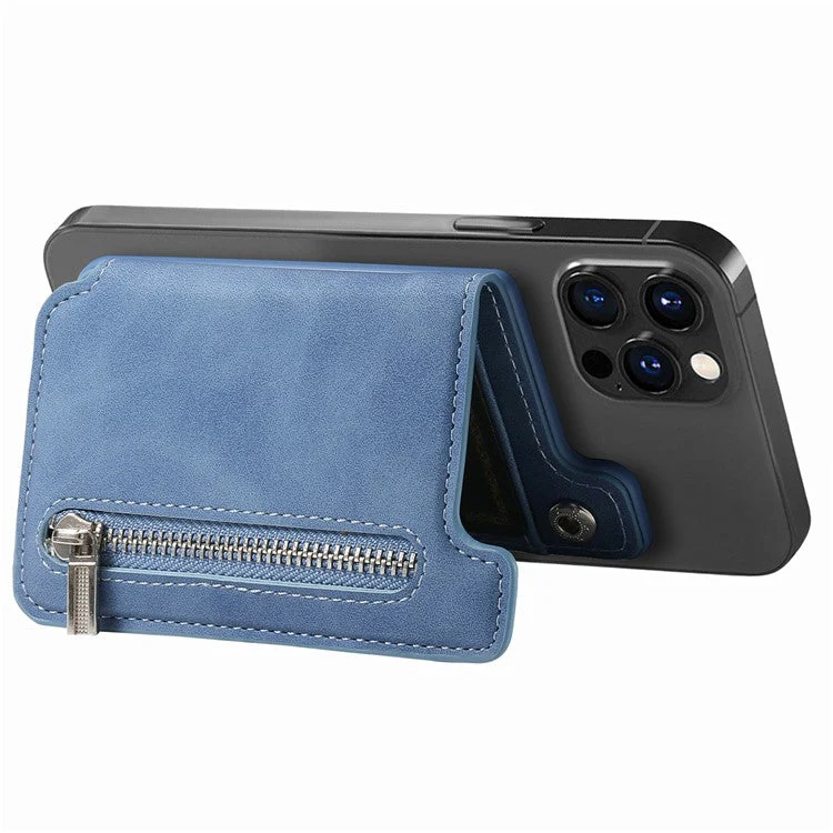 Card Holder Compatible with MagSafe Kickstand Leather Zipper Card Bag RFID Blocking - Blue - Image 4