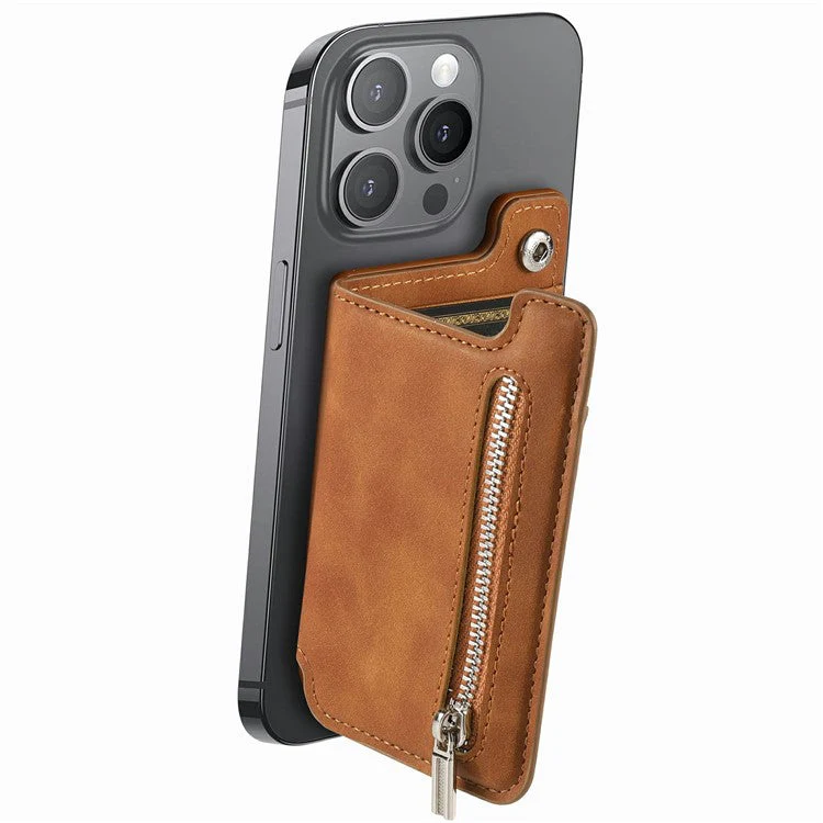 Card Holder Compatible with MagSafe Kickstand Leather Zipper Card Bag RFID Blocking - Brown - Image 3
