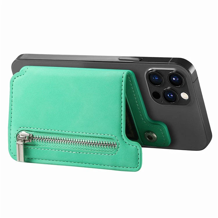 Card Holder Compatible with MagSafe Kickstand Leather Zipper Card Bag RFID Blocking - Green - Image 4