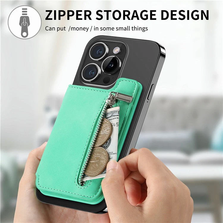 Card Holder Compatible with MagSafe Kickstand Leather Zipper Card Bag RFID Blocking - Green - Image 6