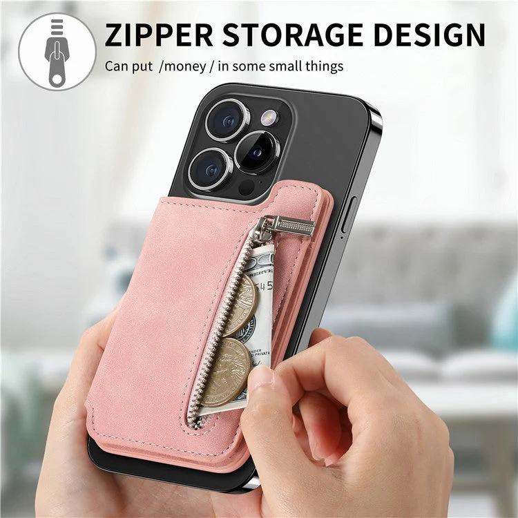 Card Holder Compatible with MagSafe Kickstand Leather Zipper Card Bag RFID Blocking - Pink - Image 6