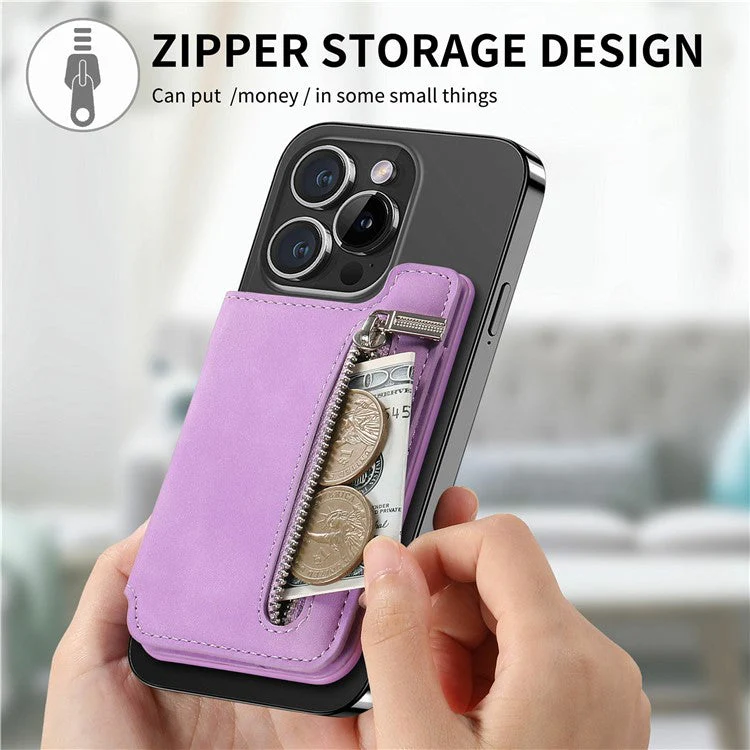 Card Holder Compatible with MagSafe Kickstand Leather Zipper Card Bag RFID Blocking - Purple - Image 6