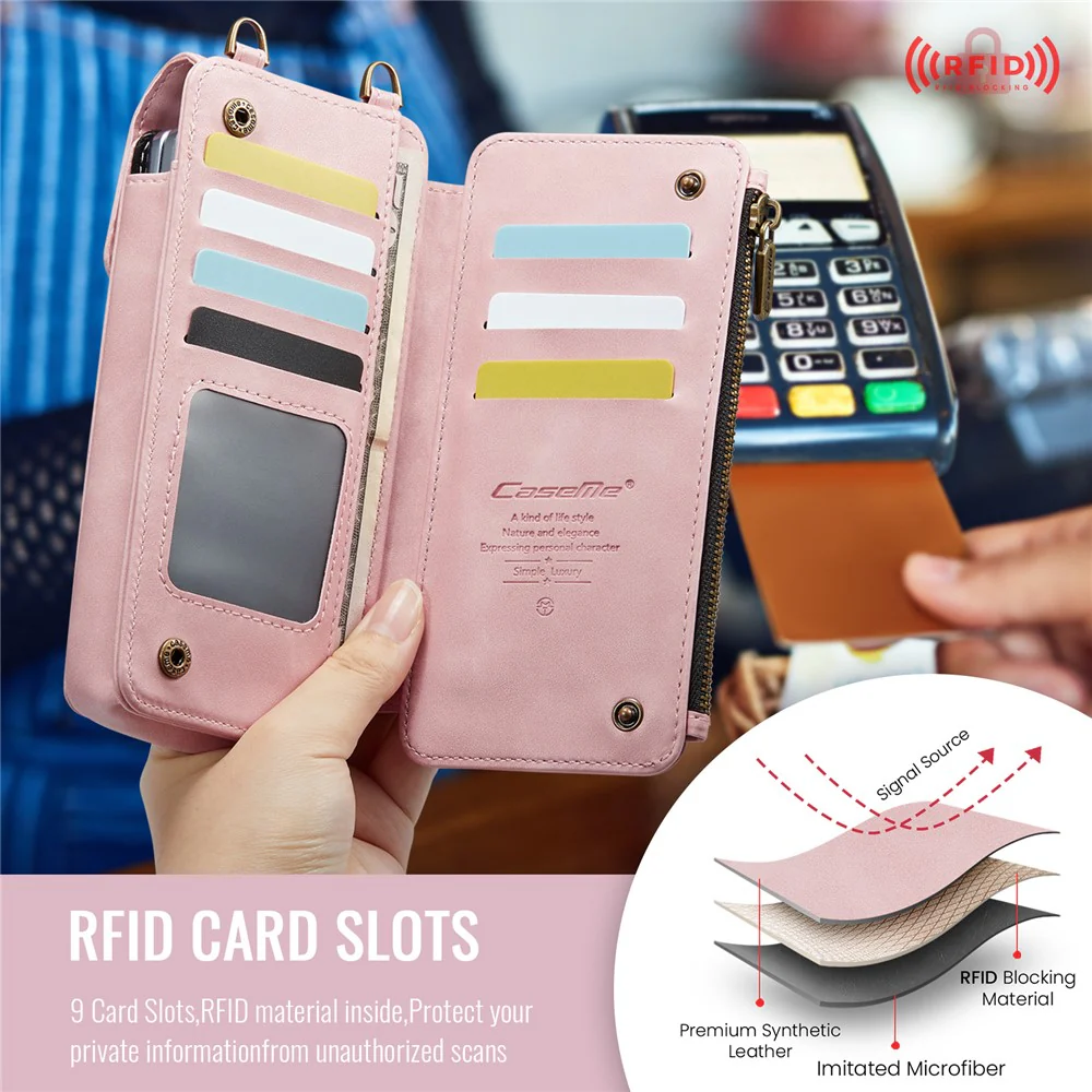 CASEME ME40 Crossbody Bag for Samsung Galaxy Z Fold7 5G / Z Fold6 5G / Z Fold5 5G / Z Fold4 5G / Z Fold3 5G Leather RFID Blocking Wallet - Pink - Image 5