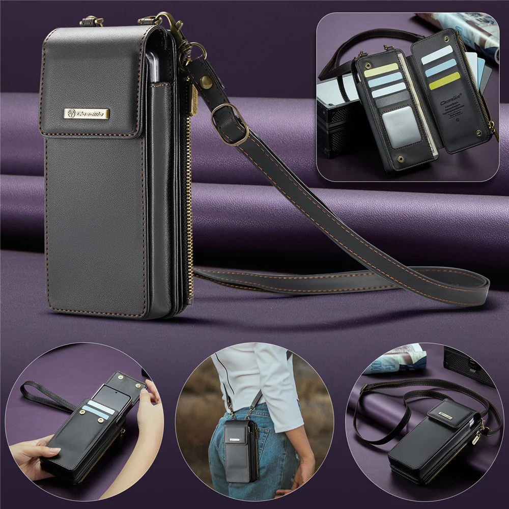 CASEME ME50 Phone Shoulder Bag for Samsung Galaxy Z Fold7 5G / Z Fold6 5G / Z Fold5 5G / Z Fold4 5G / Z Fold3 5G RFID Blocking Leather Pouch - Black - Image 8