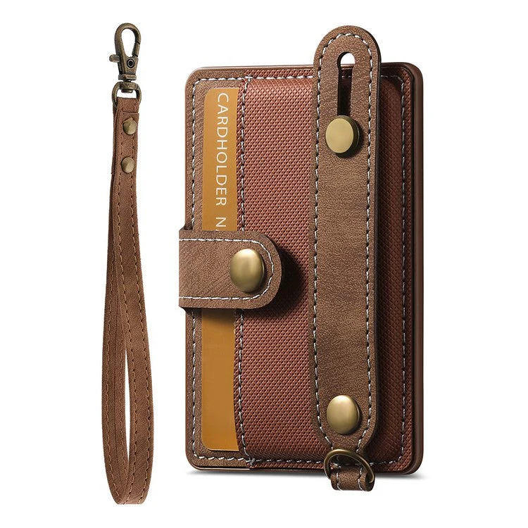 Cell Phone Card Holder Pouch Self-Adhesive Phone Kickstand with Wrist Strap - Brown