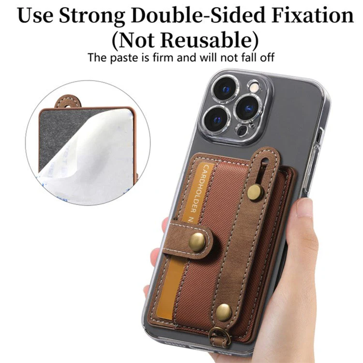Cell Phone Card Holder Pouch Self-Adhesive Phone Kickstand with Wrist Strap - Brown - Image 3