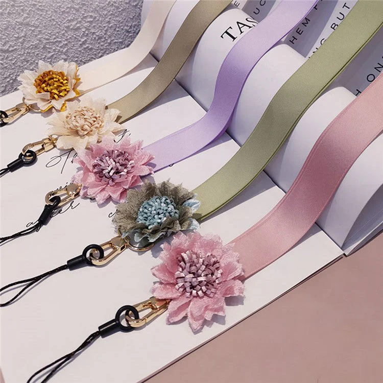 Cell Phone Lanyard Neck Strap Flower Decor Universal Lanyard Anti-lost Necklace Cord - Khaki - Image 5
