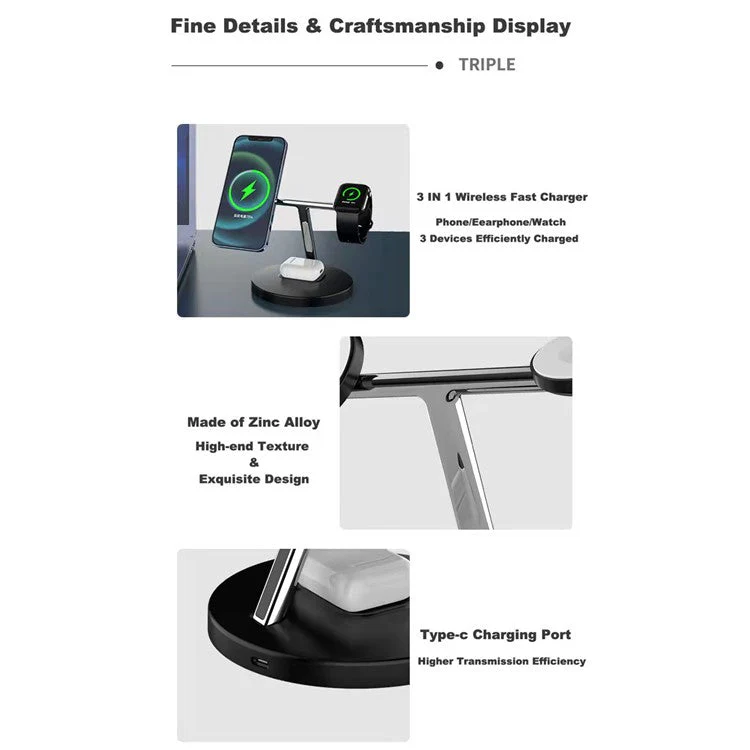 CF31 3-in-1 Magnetic Wireless Charger 15W Fast Charging Stand Holder for Apple Watch / AirPods / iPhone and Qi-enabled Devices - White - Image 7