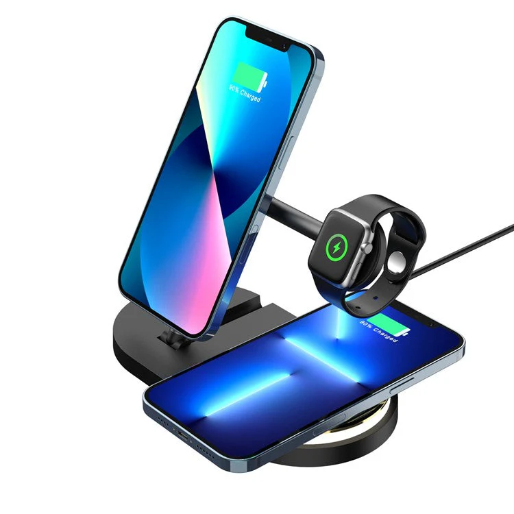 CF36 15W Wireless Charging Stand for iPhone / Apple Watch / AirPods Folding Charger with LED Light + USB Output - Black - Image 3